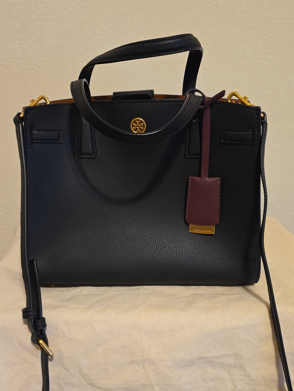 Tory Burch Black Leather Satchel with Burgundy Tag and Gold Hardware